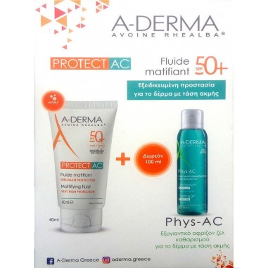 ADerma Protect AC Fluide Matifiant Tres Haute Protection SPF50+ 40ml & Δώρο Phys-AC Gel Moussant Purifiant 100ml