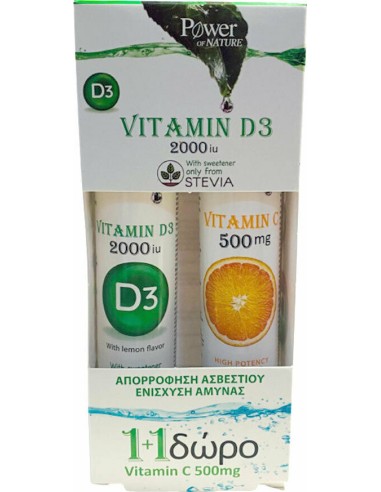 POWER Eff.tb. Vitamin D3 2000iu STEVIA 20τμχ, + Vitamin C 500mg 20τμχ