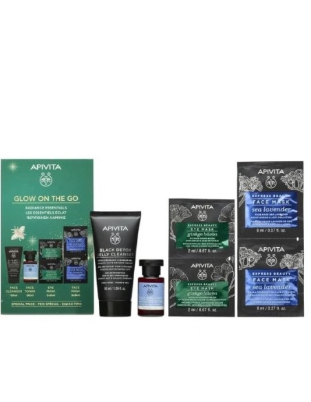 Apivita Travel-Size Skincare Promo Set with Black Detox Gel 50ml, Aqua Beelicious Toner 20ml & 2 Face & Eye Masks
